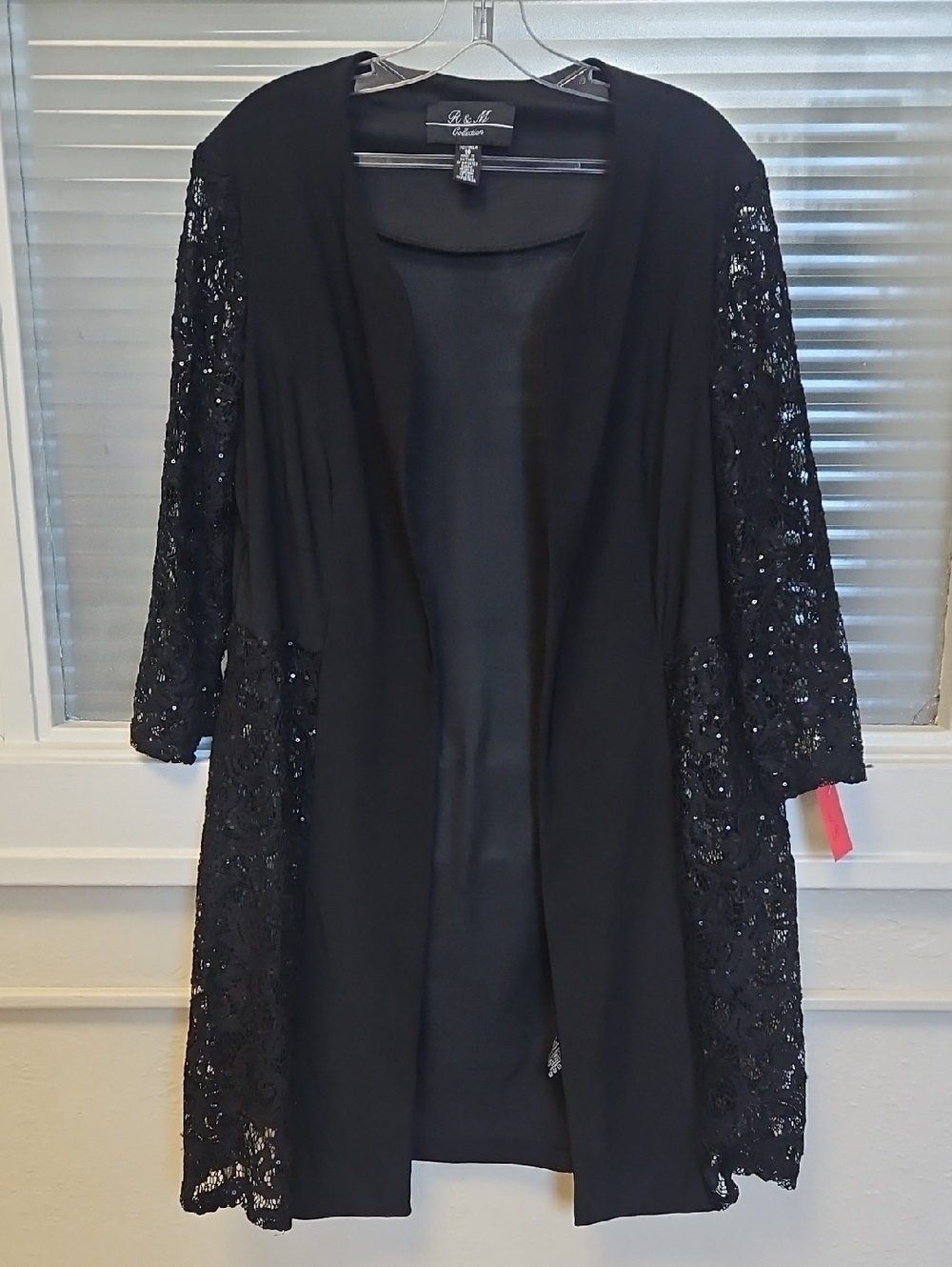Size 16 Black Long Sleeve Open Front Sequin Lace Jacket/duster By R&M Richards